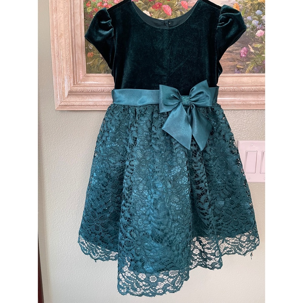 Jona Michelle Girl's Velvet Teal Sparkling Lace Party Dress 4T Satin Bow Used
